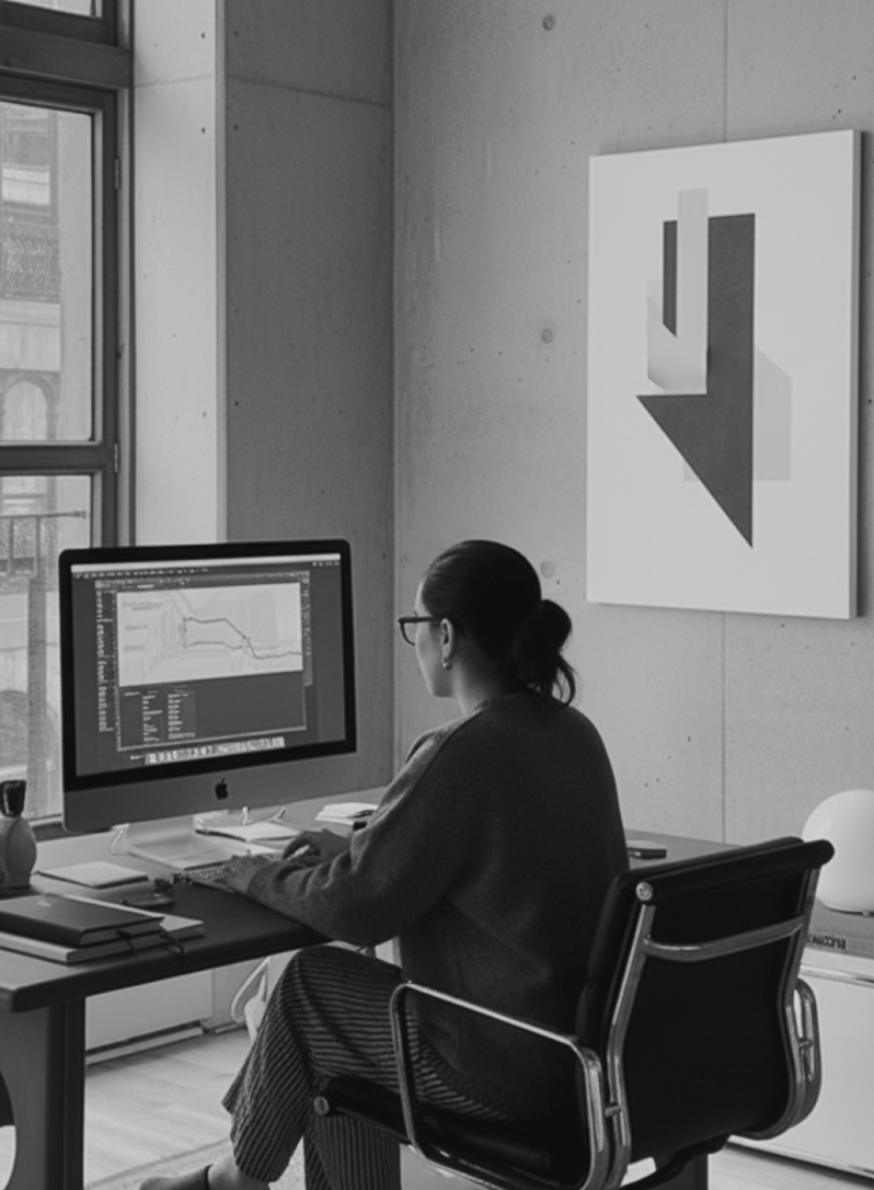 デスクワークでメガネをかけながらパソコン作業をする女性